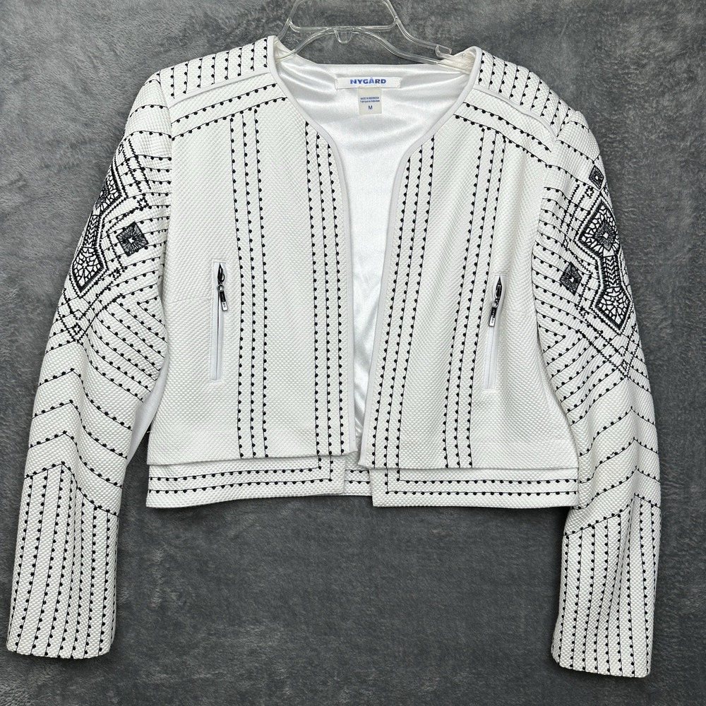 Nygard Jacket Women's Medium White Black Embroidery Zippered Pockets Business